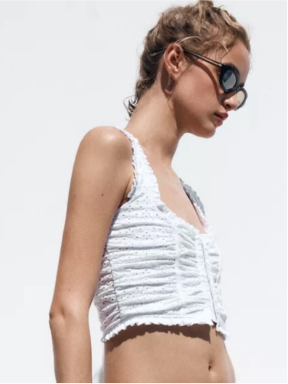 Zara White Eyelet Lace Ruched Ruffle Boho Corset Cotton Crop Top Size Small - Picture 5 of 15